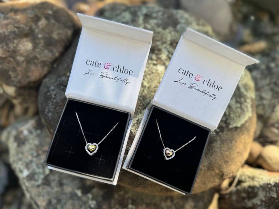 Two Cate & Chloe Susan Necklaces in their open gift boxes on top of a rock