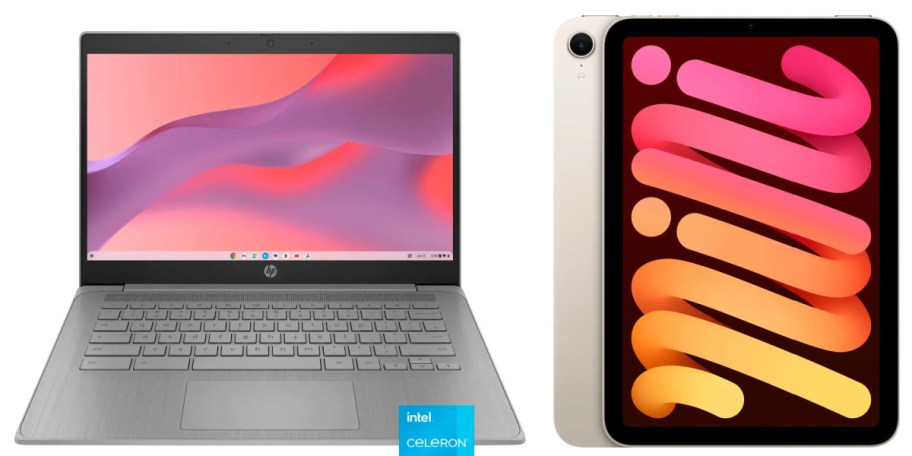 Silver HP Chromebook opened and gold iPad mini showing lines on its display