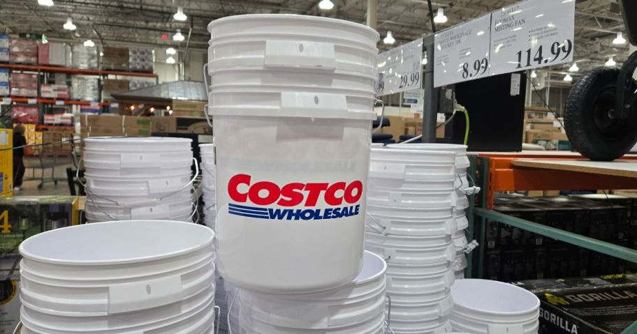 Several Costco buckets in the store