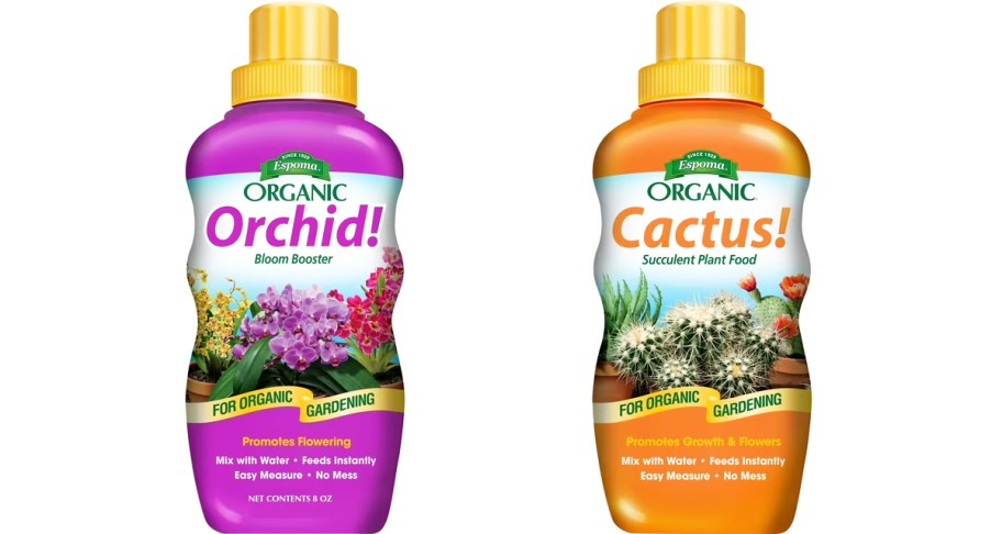bottles of orchid and cactus liquid plant fertilizers 