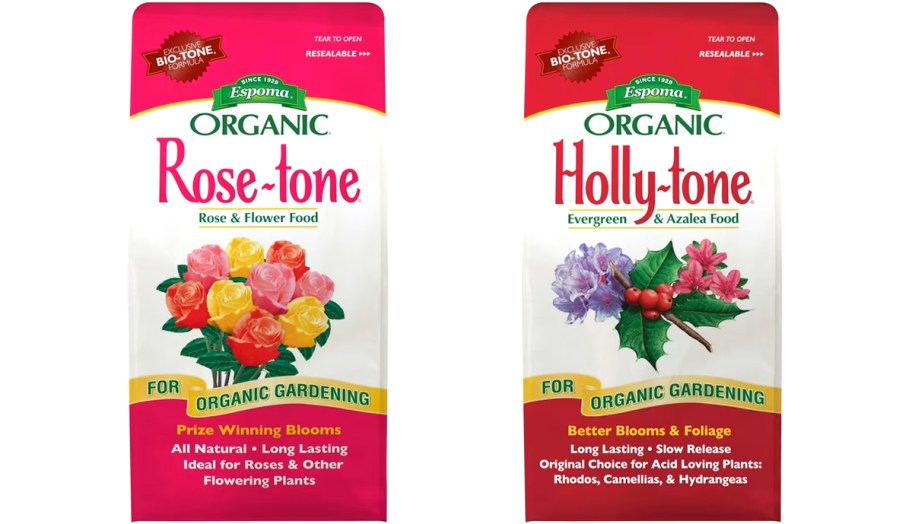 bags of organic rose and holly plant food