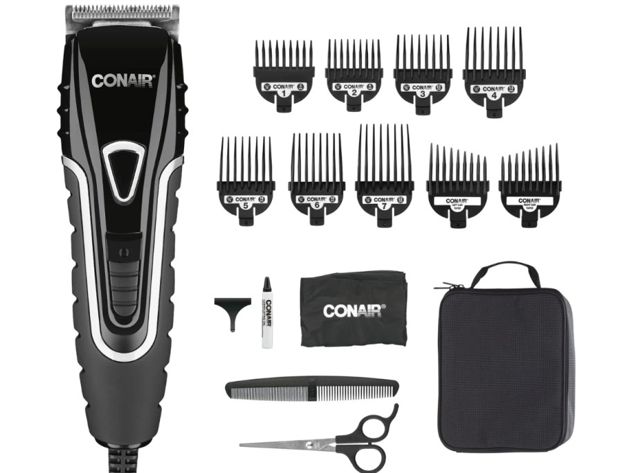a Conair hair trimmer with accessories and scissors
