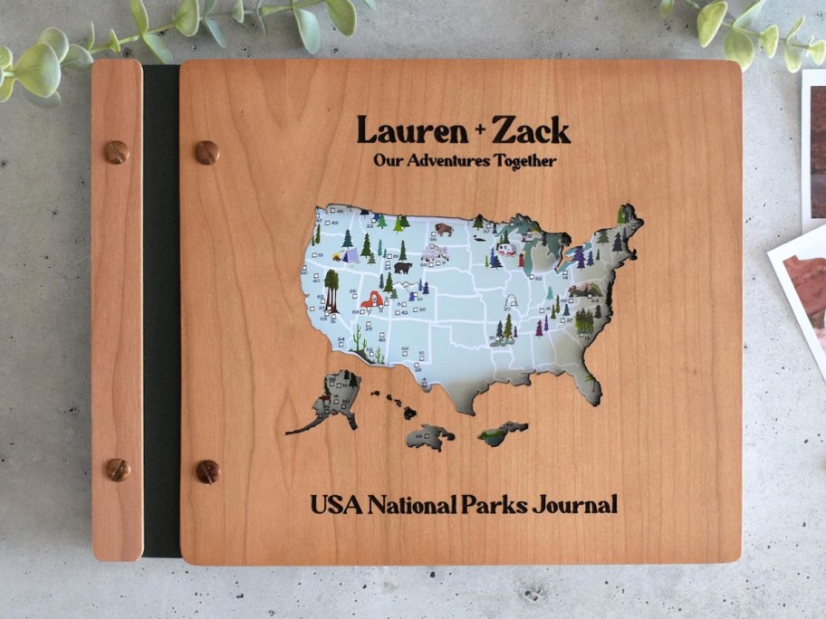 a wood cover USA National Park Map Adventure Book