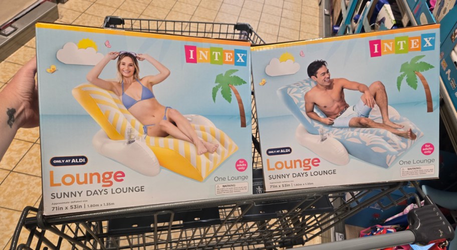 hand holding the boxes of two INTEX Sunny Days Lounges in different colors inside of an ALDIS shopping cart