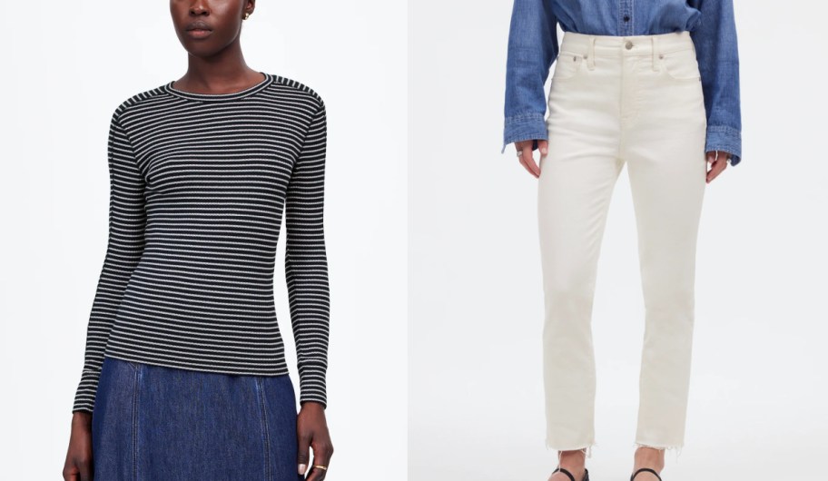 Woman wearing stripped long-sleeved madwell shirt and woman wearing white madwell jeans 