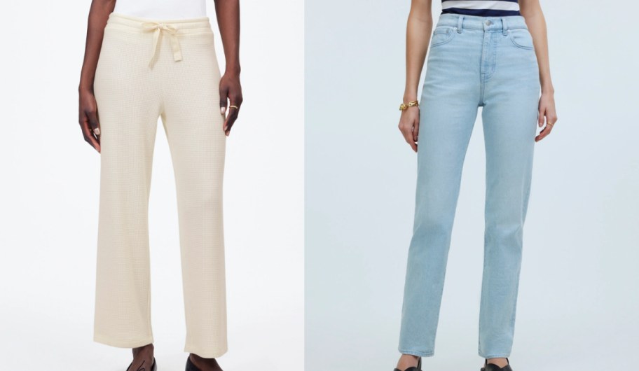 Woman wearing madewell beige pants next to a woman wearing blue jeans