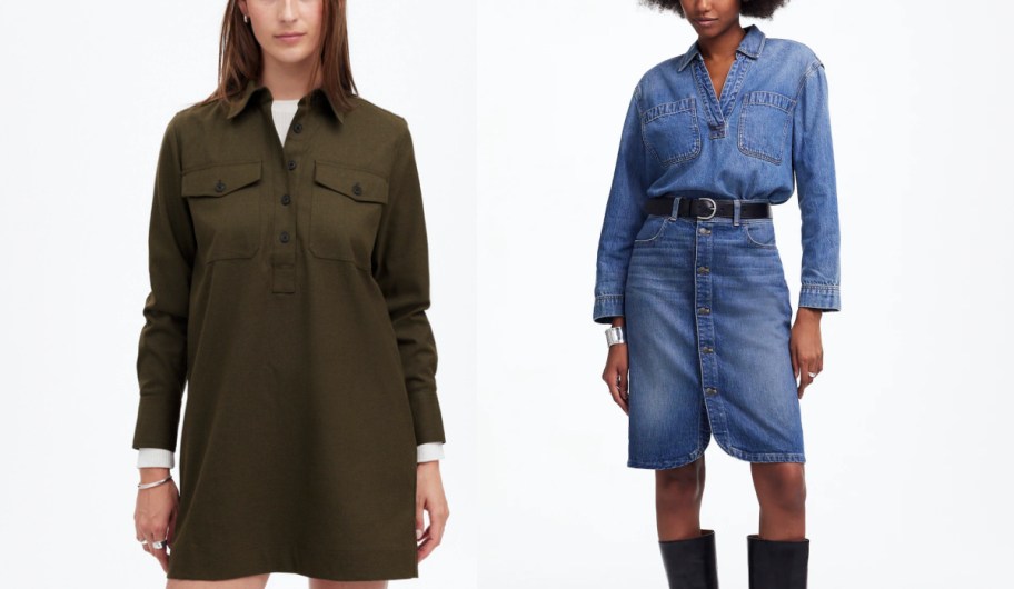 Woman wearing green mini madewell dress with a white undershirt next to woman wearing a jean set from madewell