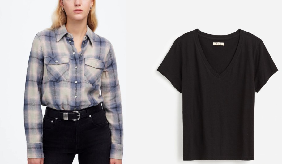 Woman wearing a madewell flannel shirt next to a madewell black shirt