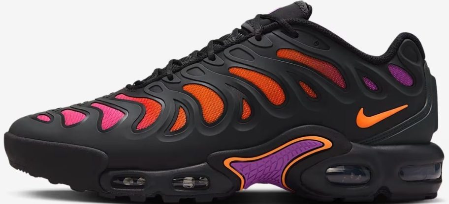 A black, orange and pink and purple mens Nike running shoe