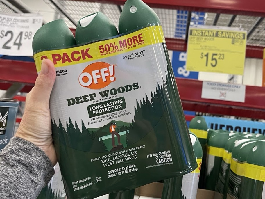 Off Deep Woods multipack being held by a woman at Sam's Club