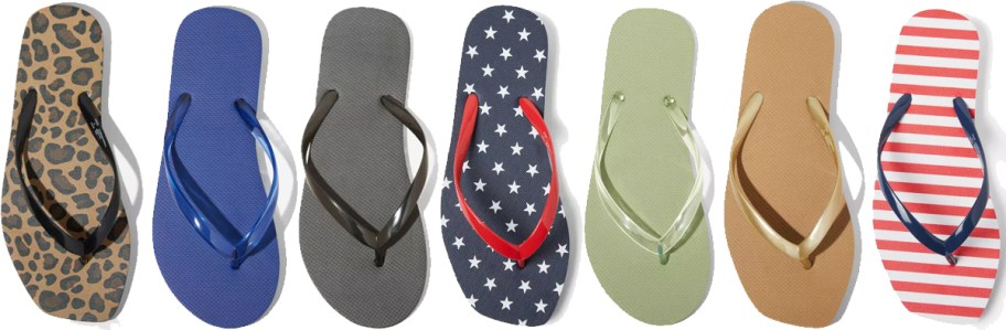 row of 7 flip flops in various colors