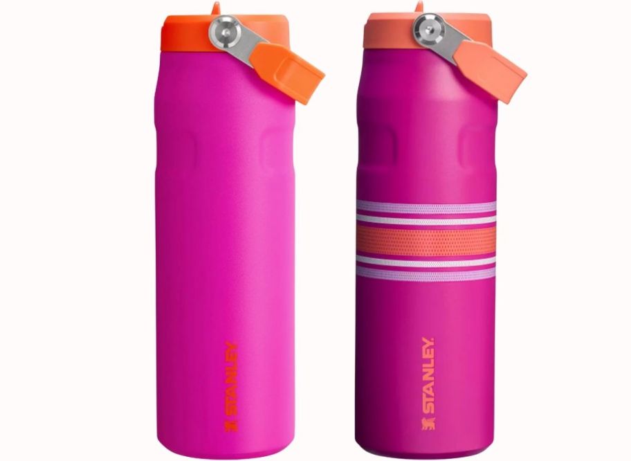 two stanley 24oz bottles with flip straw lids in pink