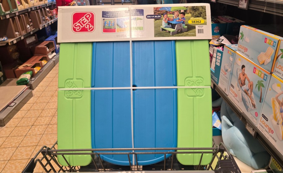Step2 Kid's Sit & Play Jr. Picnic Table with Umbrella insidde of shopping cart