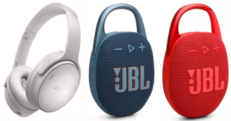 wireless headphones and two portable speakers