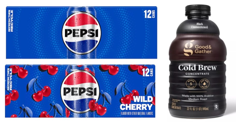 two 12 packs of soda and a bottle of coffee concentrate