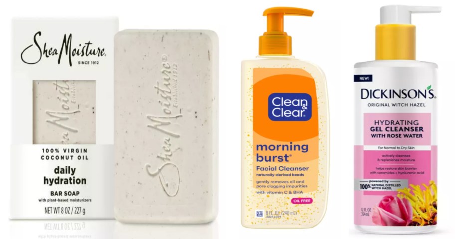 body soap and two bottles of facial cleanser