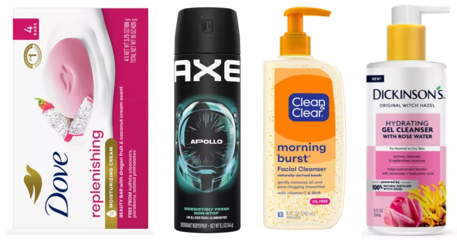 body bar soap, deodorant spray, and two bottles of face wash