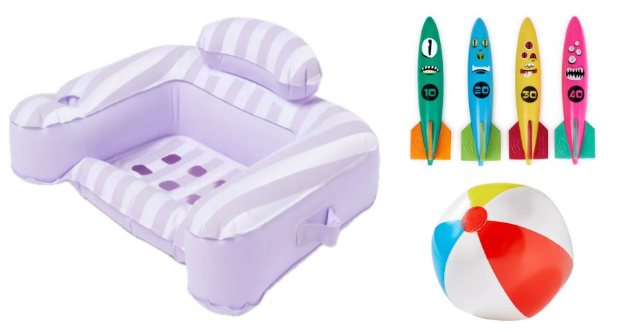 purple pool float, beach ball and water toys