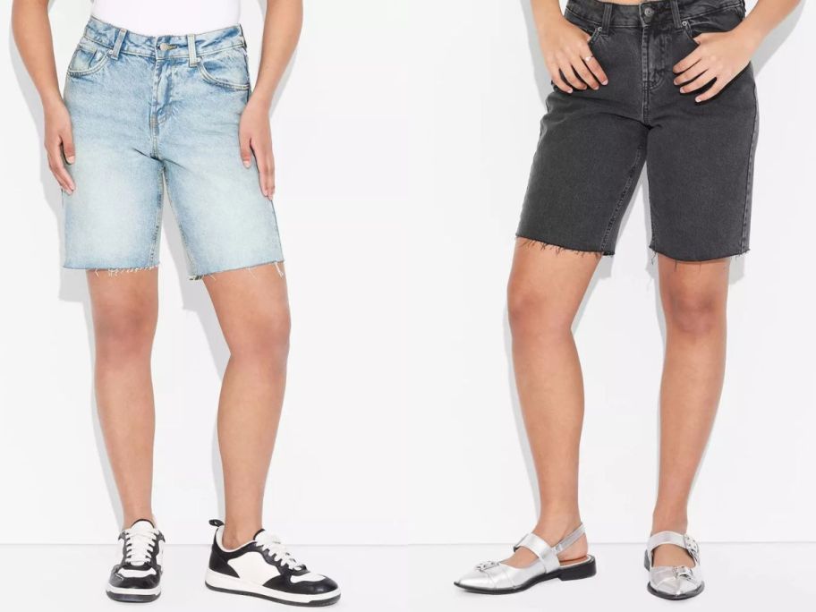 Stock images of two women wearing Wild Fable Women's Mid-Rise EasyRigid Cut-Off Jorts