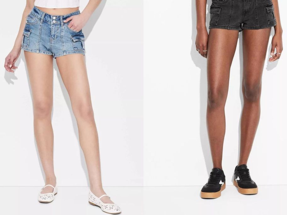 Stock images of two women wearing Wild Fable Women's Low-Rise Cargo Camp Denim Shorts