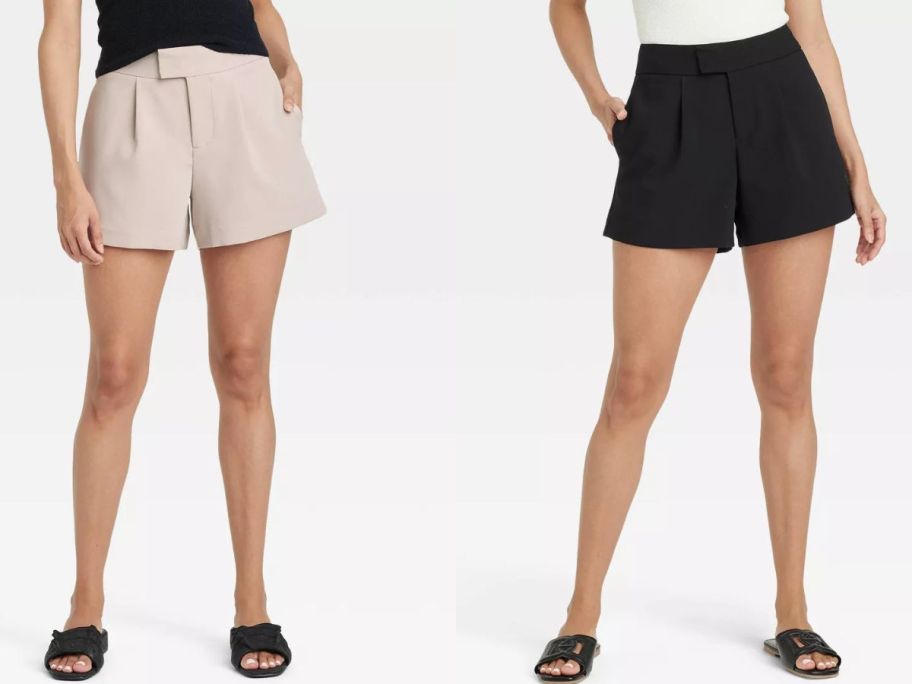 Stock images of two women wearing A New Day Women's High-Rise Tailored Shorts