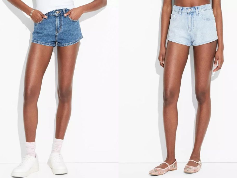 Stock images of two women wearing Wild Fable Women's High-Rise Micro Denim Shorts