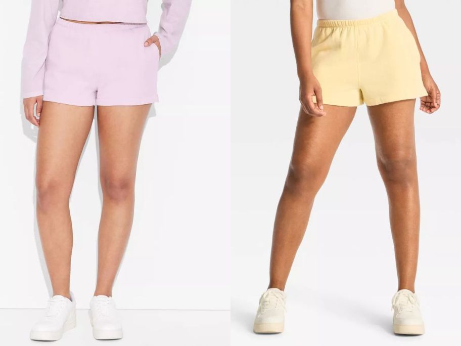 Stock images of two women wearing Wild Fable Women's High-Rise Fleece Shorts