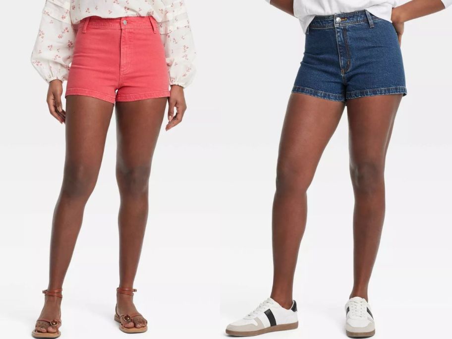 Stock images of two women wearing Universal Thread Women's High-Rise Sailor Jean Shorts