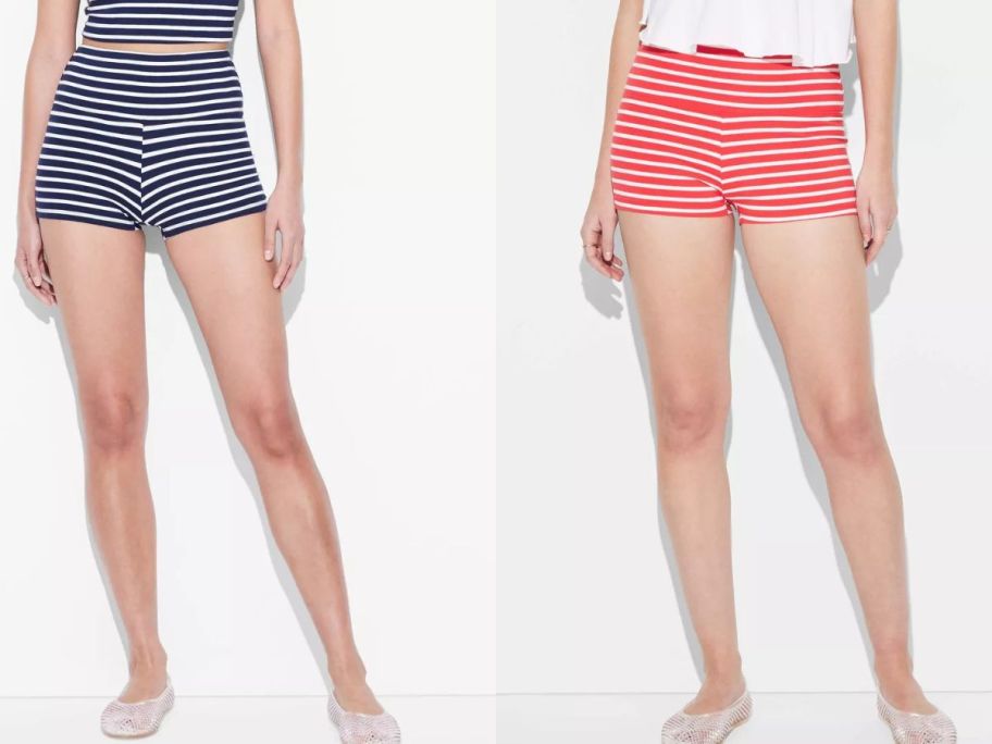 Stock images of two women wearing Wild Fable Women's High-Rise Pull-On Shorts