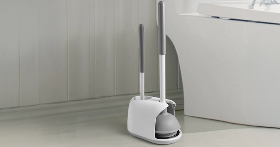 Toilet Brush and Plunger Set sitting next to a toilet in the bathroom