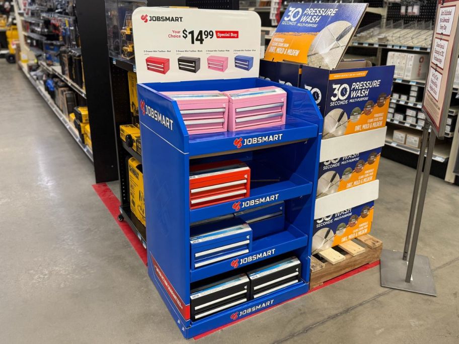 A display of mini tool boxes at Tractor supply