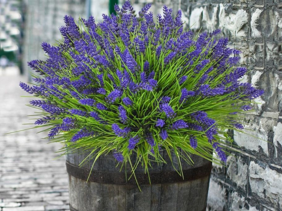 Trytuny Artificial Lavender in a barrel planter