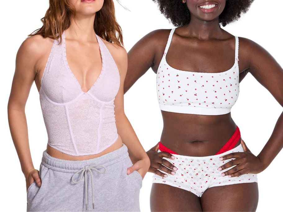 two women wearing lingerie: one in a pink corset and the other in a matching light colored bra and panty set 