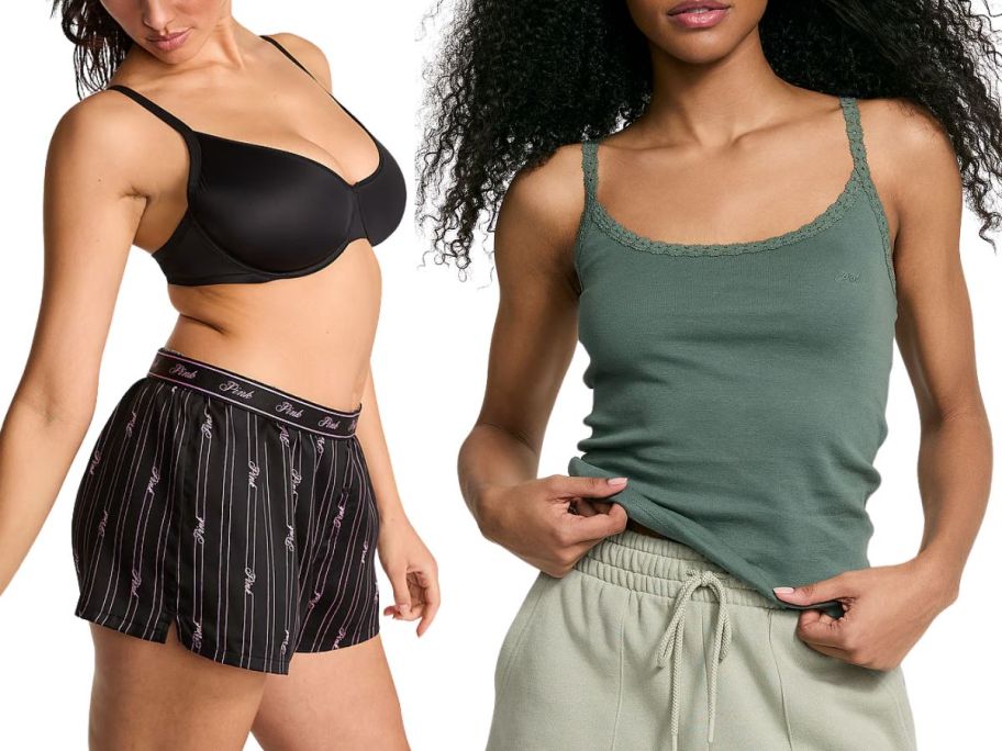 2 women: One in a black bra and boxers, the other in a green cami and gray sweat pants