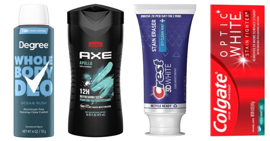 deodorant, body wash and two tubes of toothpaste
