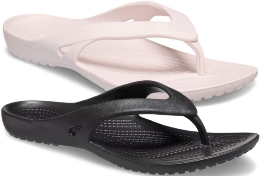 two adult flip flops in black and pale pink