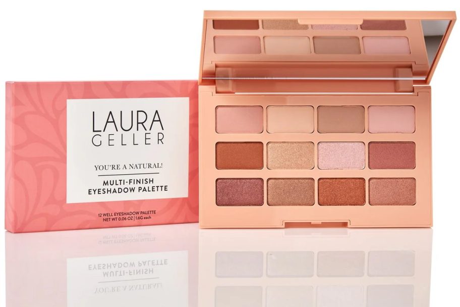 Laura Geller You’re a Natural! Multi-Finish Eyeshadow Palette with 12 neutral shades in matte, shimmer, and satin finishes, shown open with packaging