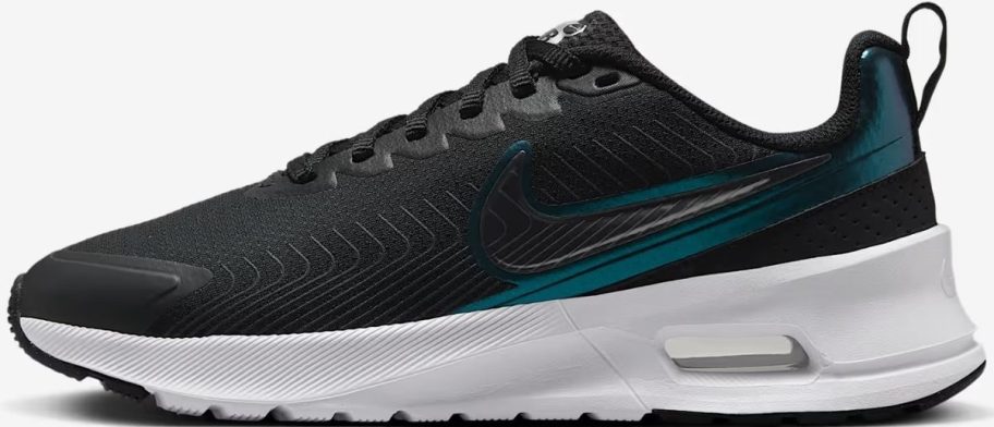 A black, and teal green womens Nike running shoe