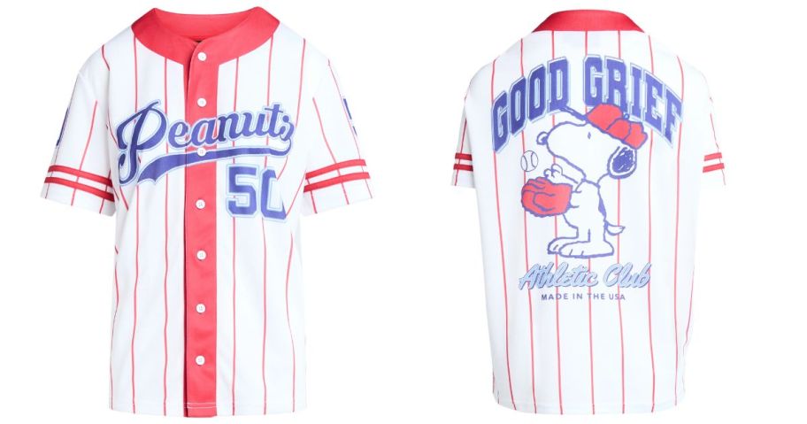 red, white, and blue Peanuts Snoopy Graphic Baseball Jersey stock image