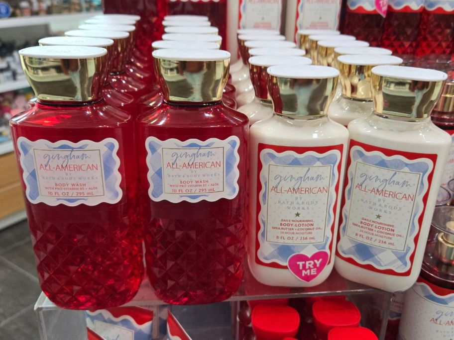 Bath & Body Works Gingham All-American Body Wash and lotion bottles on shelf in store