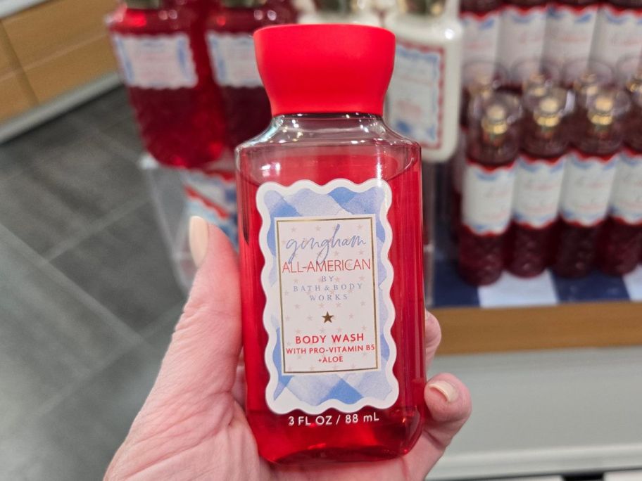 Bath & Body Works Gingham All-American Travel Size Body Wash in hand in store