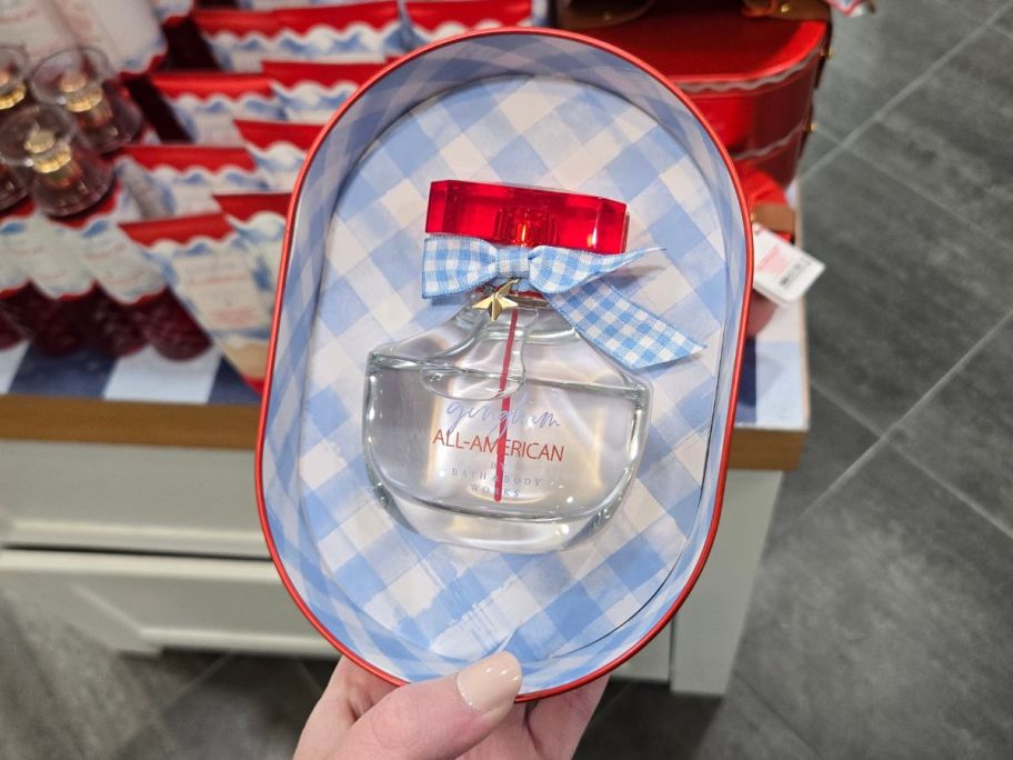 Bath & Body Works Gingham All-American Eau De Parfum in box in hand in store
