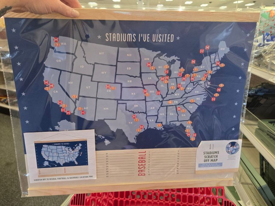 Stadiums I've Visited Scratch Off Map in hand in store