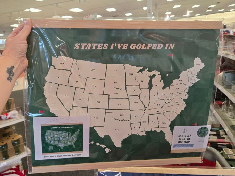 Stadiums I've Golfed In Scratch Off Map in hand in store