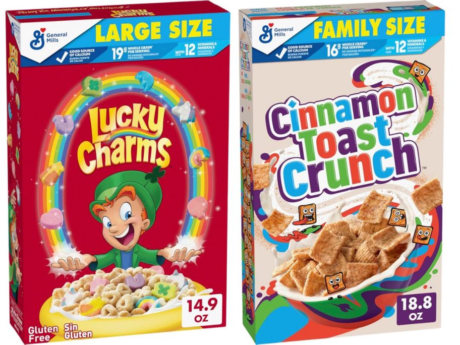 stock images of a box of lucky charms and a box of cinnamon toast crunch