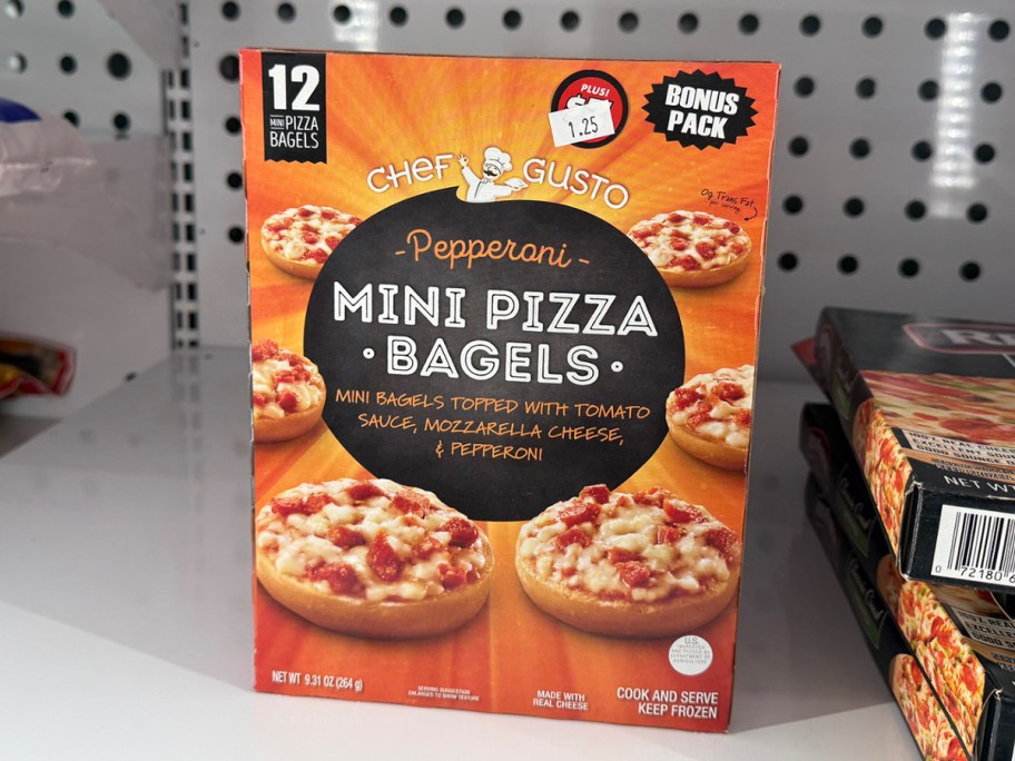 chef gusto bagel pizza bites box in freezer
