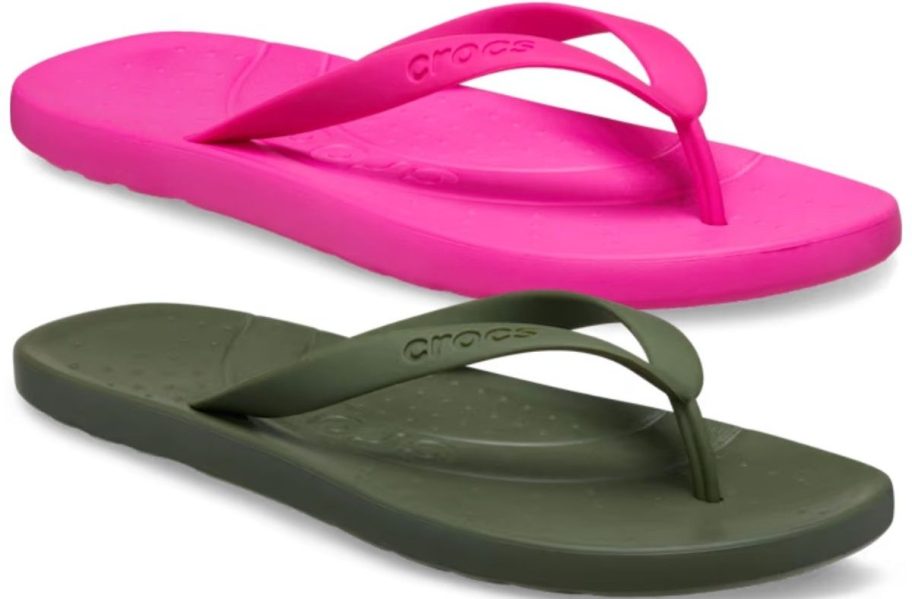 two adult flip flops in hot pink and army green