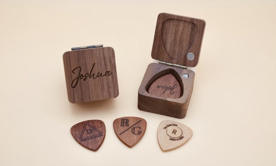 custom wooden guitar picks with wood box