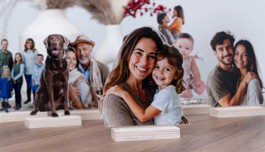 various cut out photos on wood desk