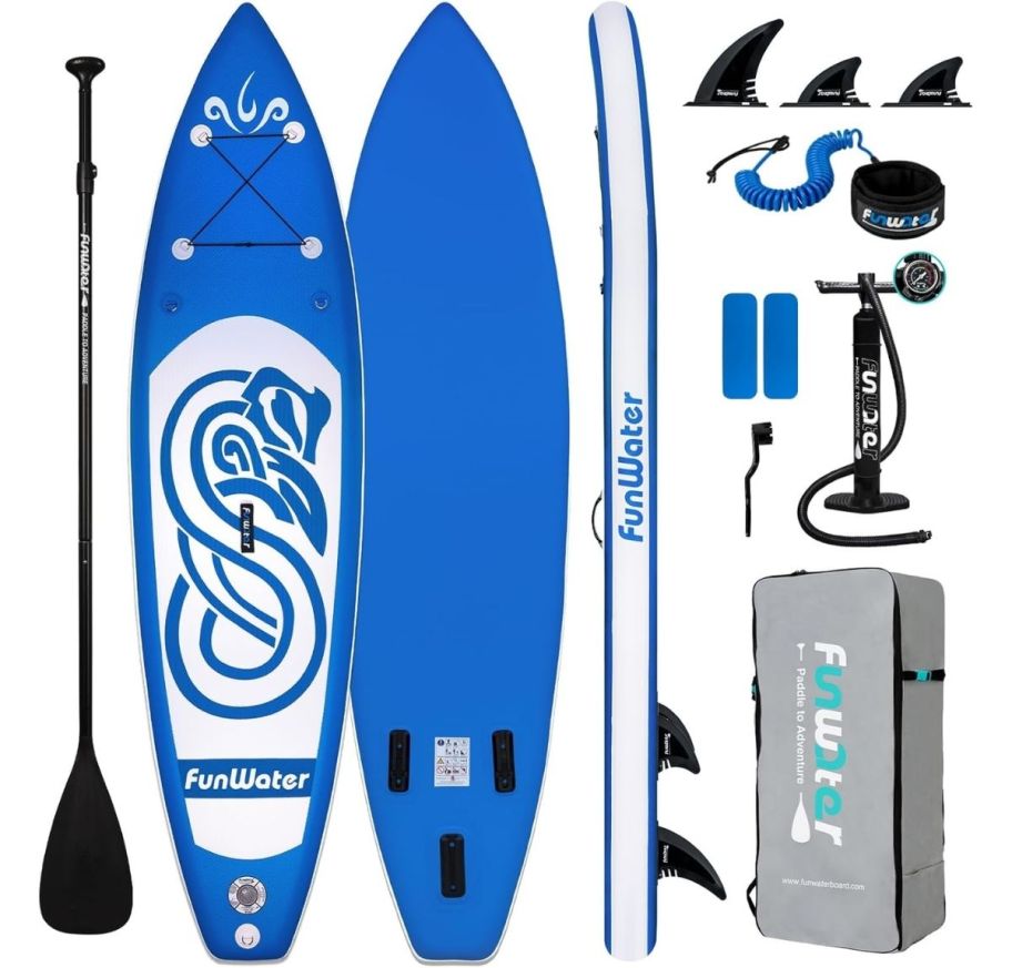 a dark blue paddle board shown with accessories including air pump, fins, paddle and ankle tether